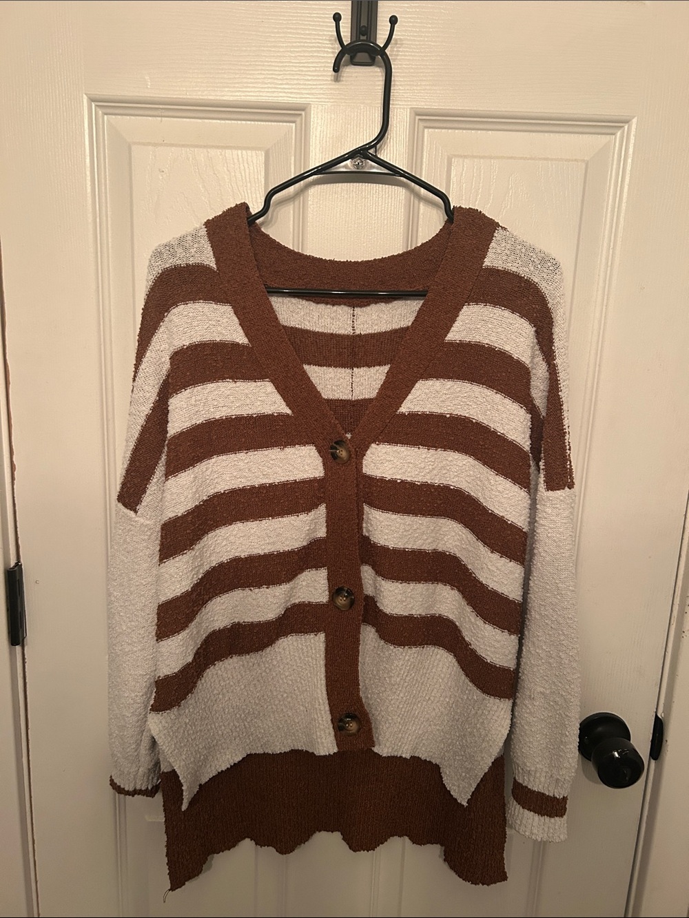 Cozy Striped Button-Front Women's Sweater Cardigan - Brown & Cream